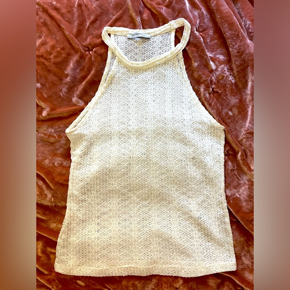 Zara Trafaluc Cream Lace Halter Tank Top Sleeveless Top Sheer Camisole